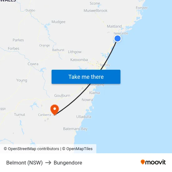 Belmont (NSW) to Bungendore map
