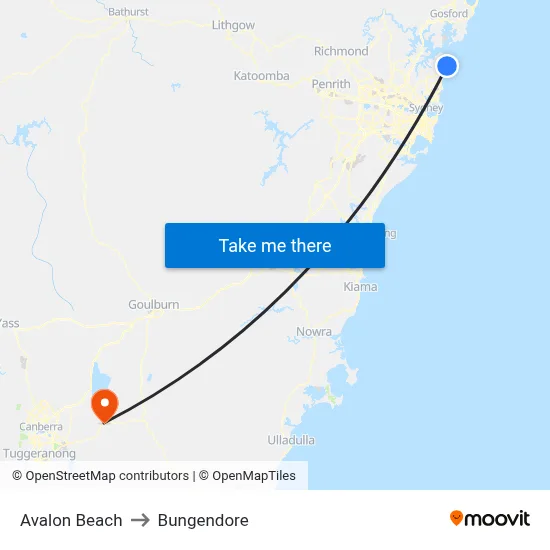 Avalon Beach to Bungendore map