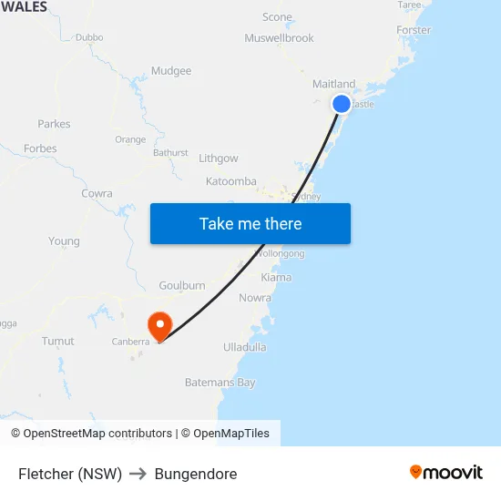 Fletcher (NSW) to Bungendore map