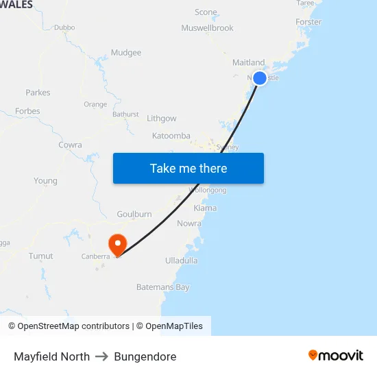 Mayfield North to Bungendore map