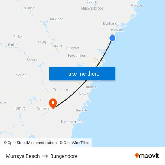 Murrays Beach to Bungendore map