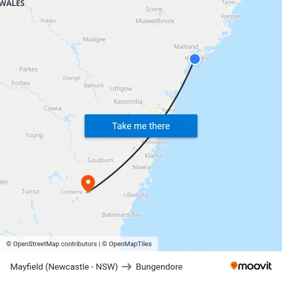 Mayfield (Newcastle - NSW) to Bungendore map