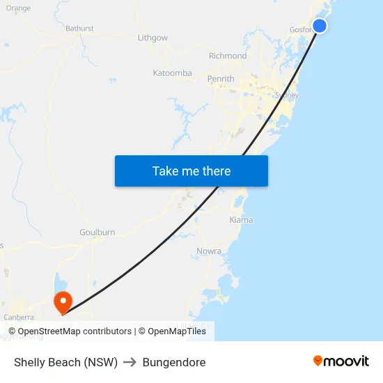 Shelly Beach (NSW) to Bungendore map