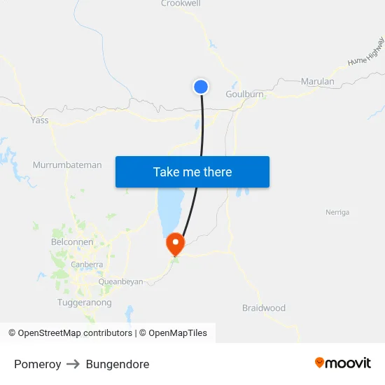 Pomeroy to Bungendore map