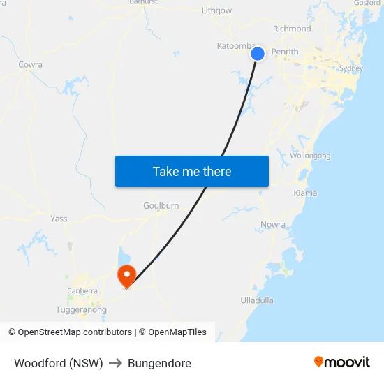 Woodford (NSW) to Bungendore map