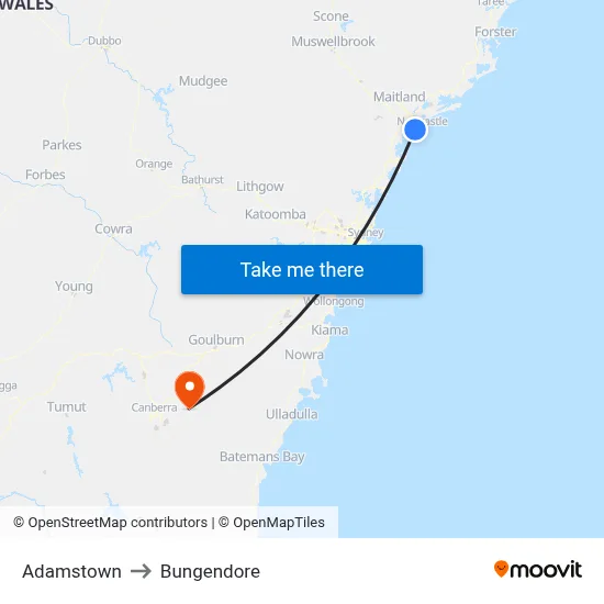 Adamstown to Bungendore map
