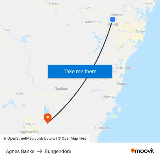 Agnes Banks to Bungendore map