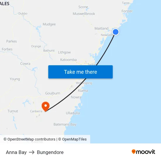 Anna Bay to Bungendore map