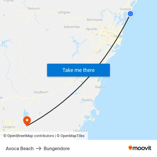 Avoca Beach to Bungendore map