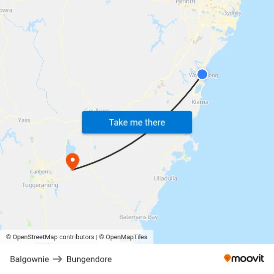 Balgownie to Bungendore map