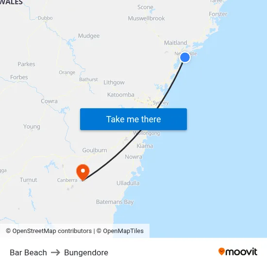 Bar Beach to Bungendore map