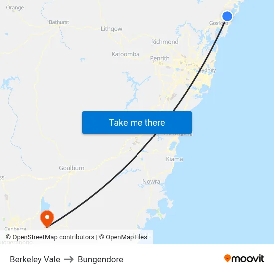 Berkeley Vale to Bungendore map