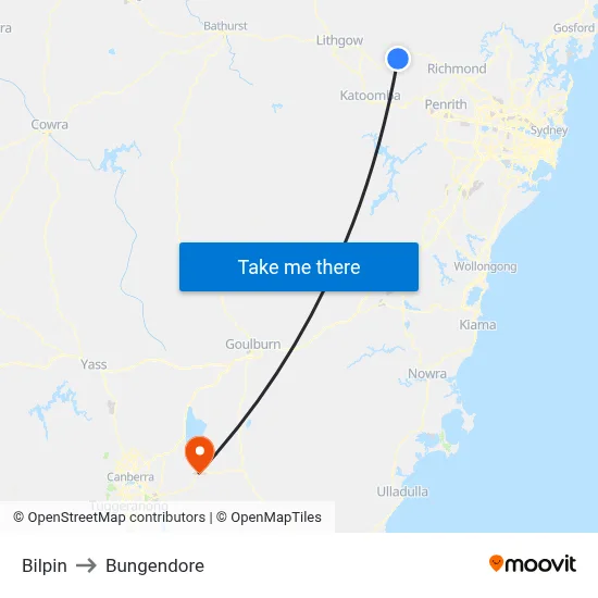 Bilpin to Bungendore map