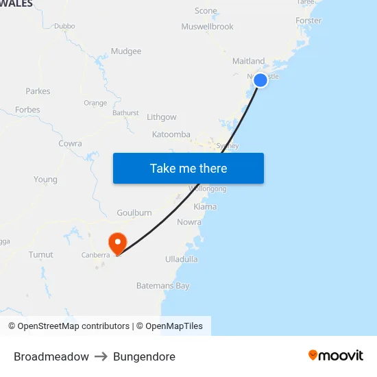 Broadmeadow to Bungendore map