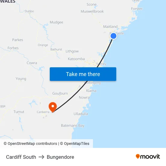 Cardiff South to Bungendore map