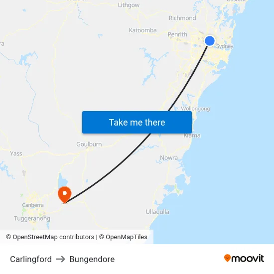 Carlingford to Bungendore map