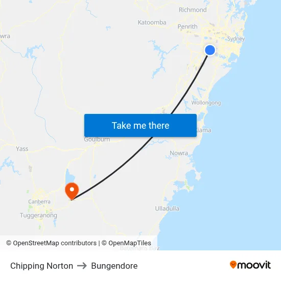 Chipping Norton to Bungendore map