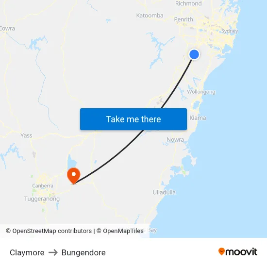 Claymore to Bungendore map