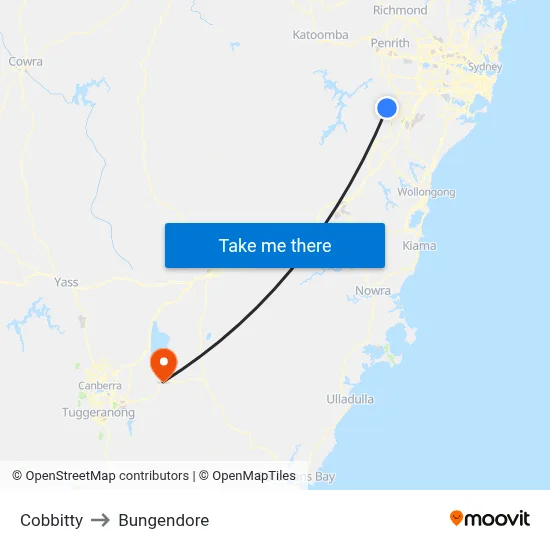Cobbitty to Bungendore map