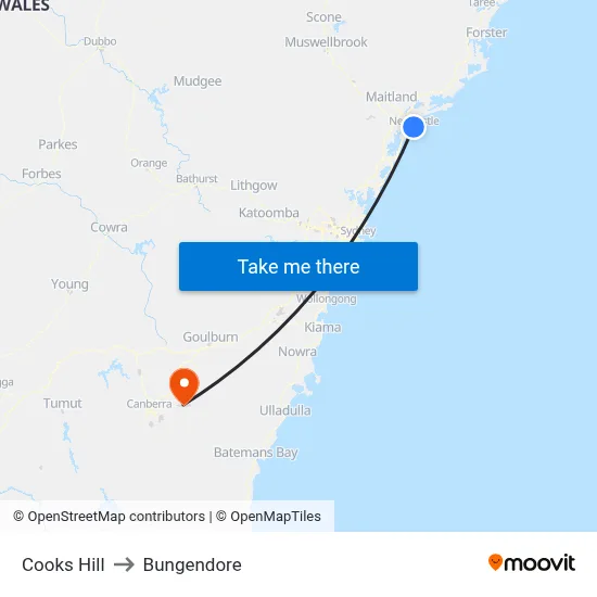 Cooks Hill to Bungendore map