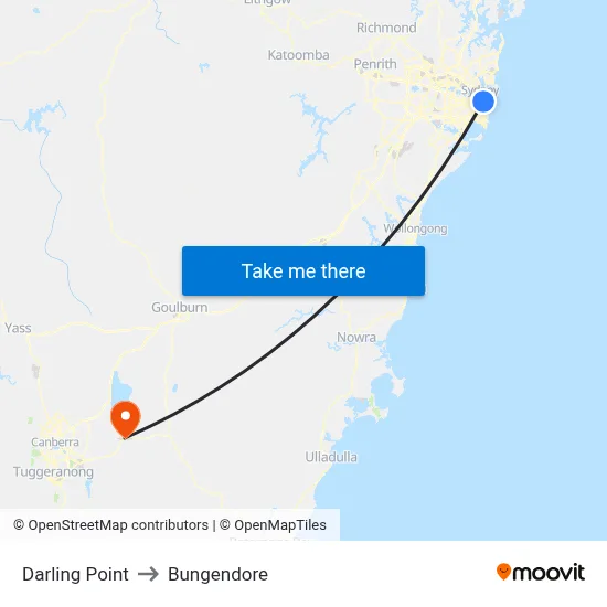 Darling Point to Bungendore map