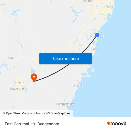East Corrimal to Bungendore map