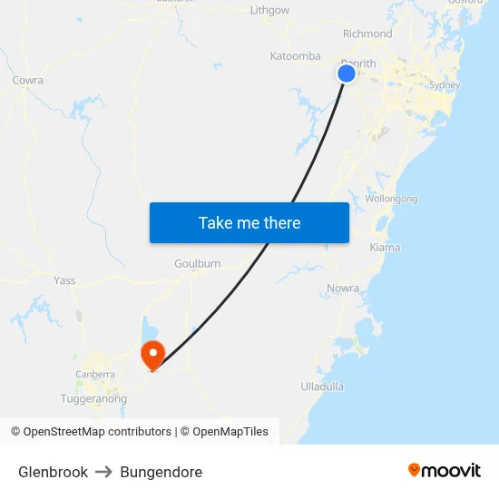 Glenbrook to Bungendore map