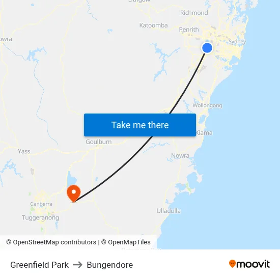 Greenfield Park to Bungendore map