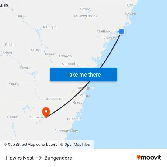 Hawks Nest to Bungendore map