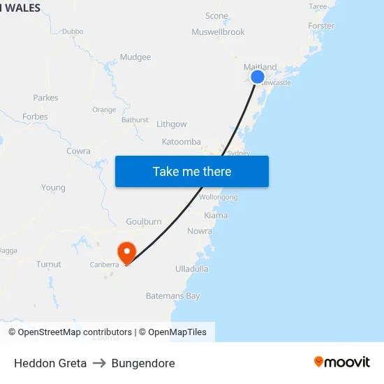 Heddon Greta to Bungendore map
