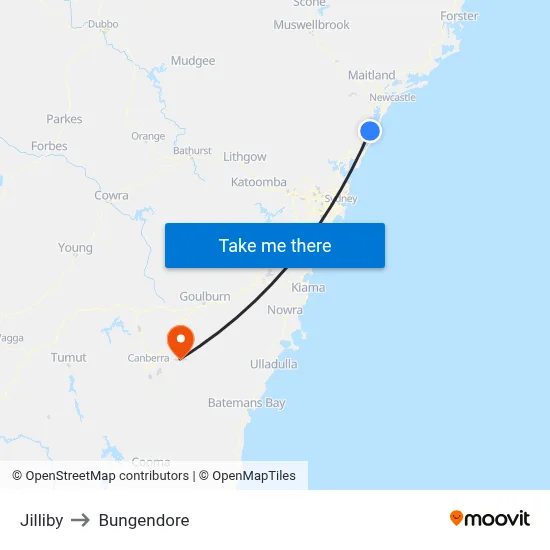 Jilliby to Bungendore map