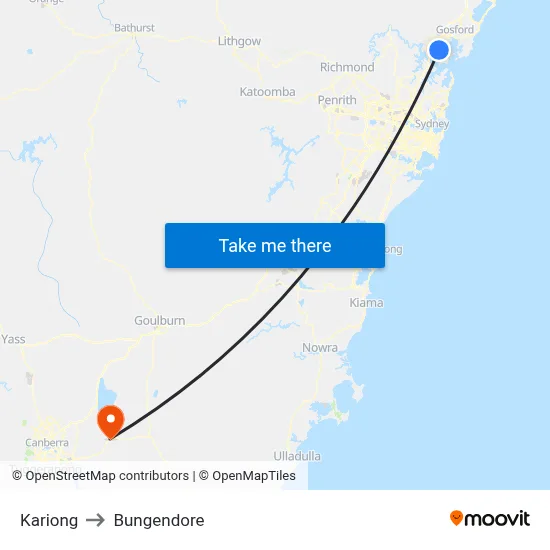 Kariong to Bungendore map