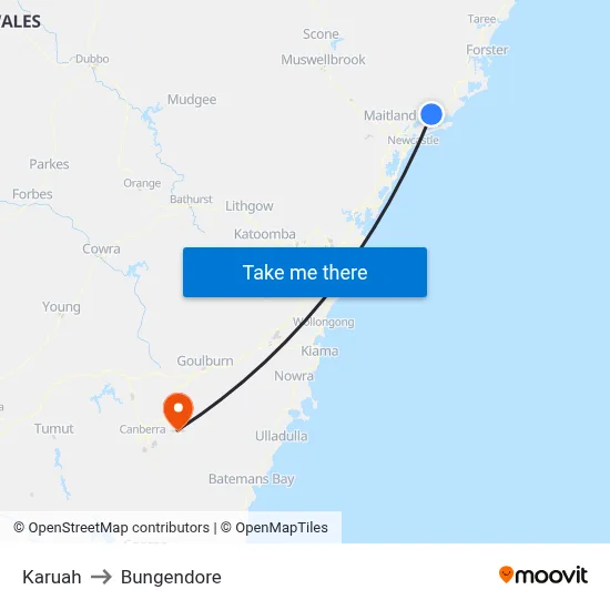 Karuah to Bungendore map