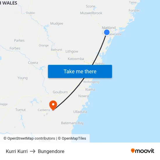 Kurri Kurri to Bungendore map