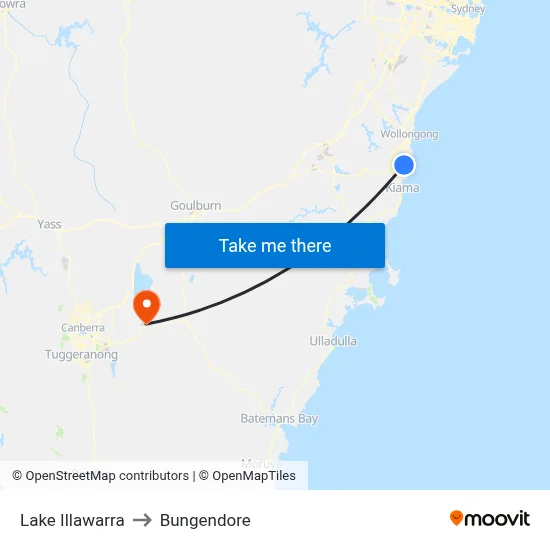 Lake Illawarra to Bungendore map