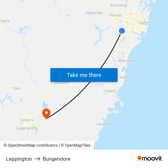 Leppington to Bungendore map