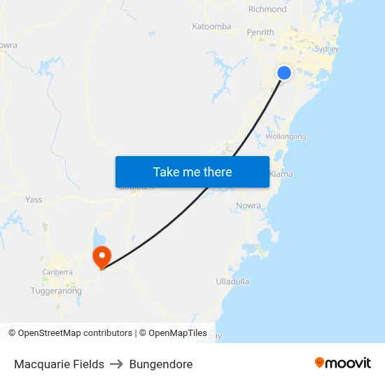 Macquarie Fields to Bungendore map