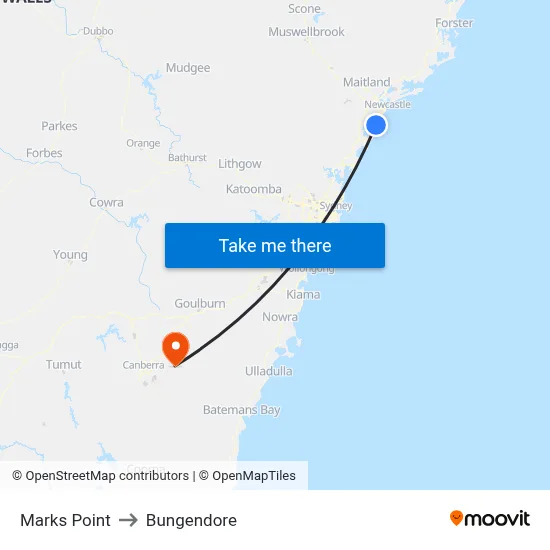 Marks Point to Bungendore map