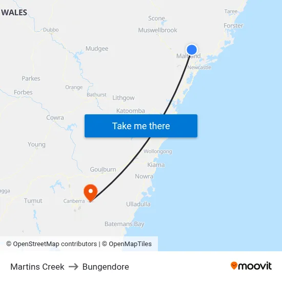 Martins Creek to Bungendore map