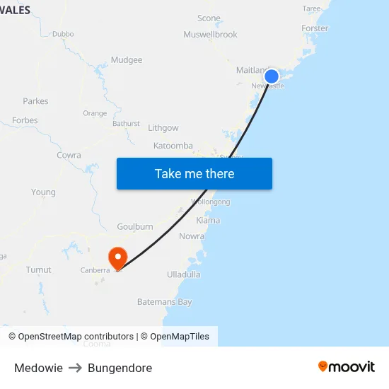 Medowie to Bungendore map