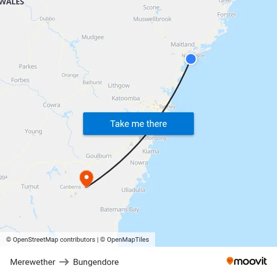 Merewether to Bungendore map