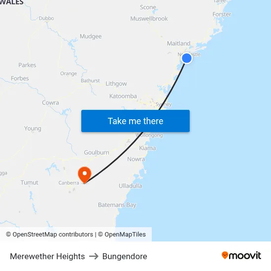 Merewether Heights to Bungendore map