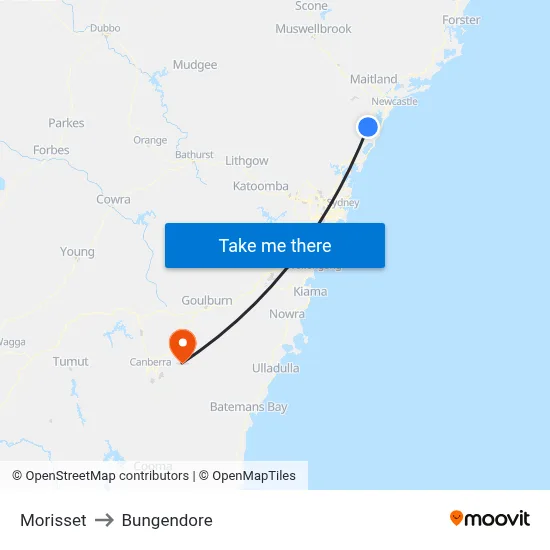 Morisset to Bungendore map