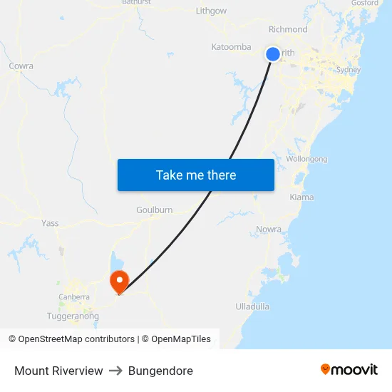 Mount Riverview to Bungendore map