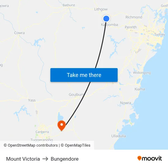 Mount Victoria to Bungendore map