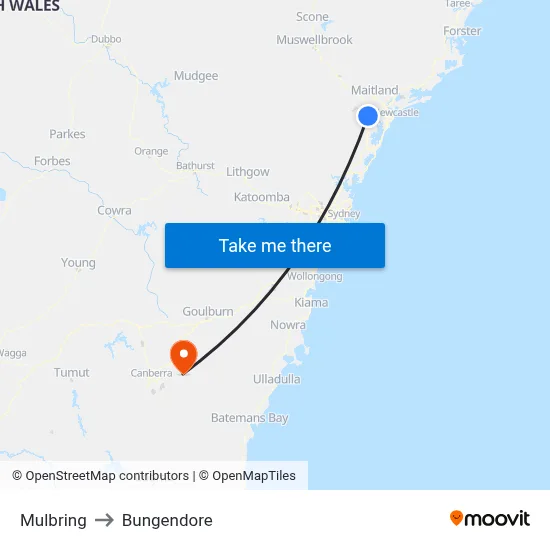 Mulbring to Bungendore map