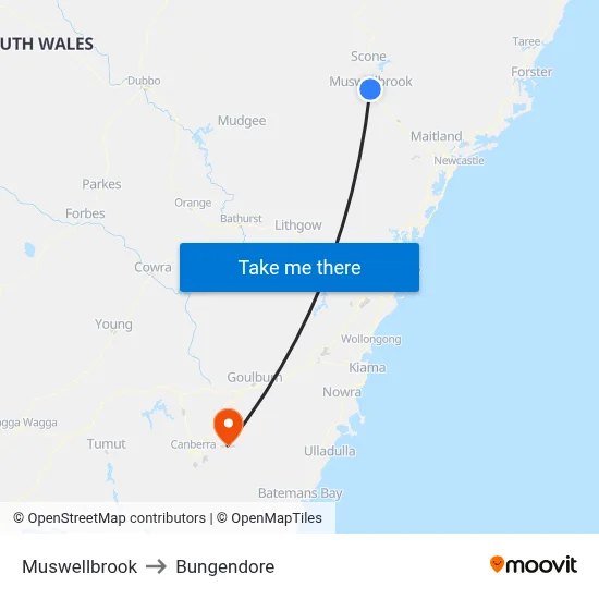 Muswellbrook to Bungendore map