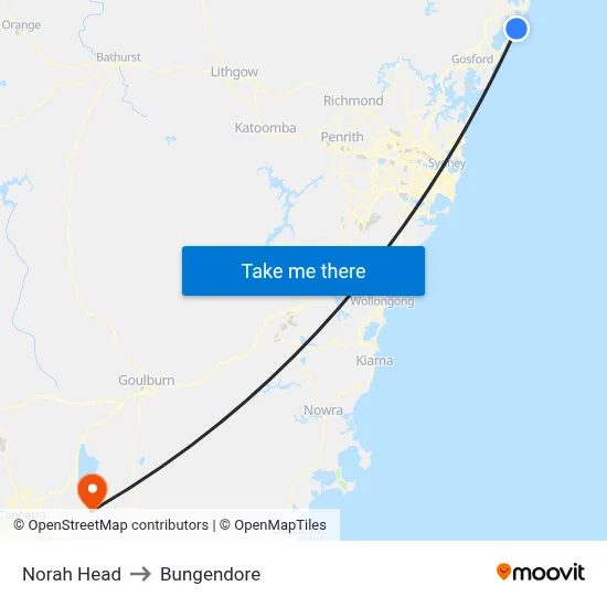 Norah Head to Bungendore map