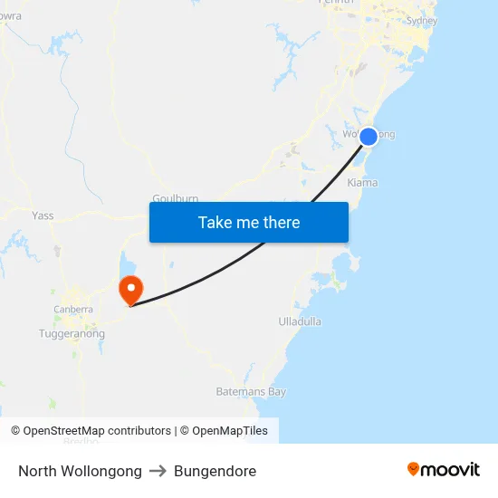 North Wollongong to Bungendore map