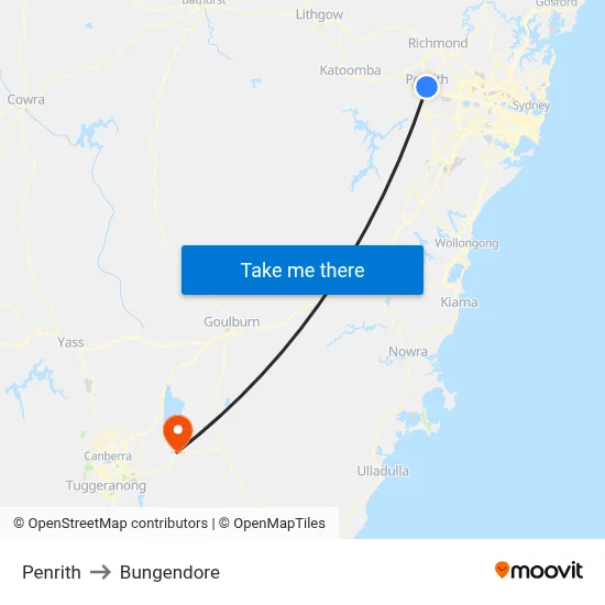 Penrith to Bungendore map